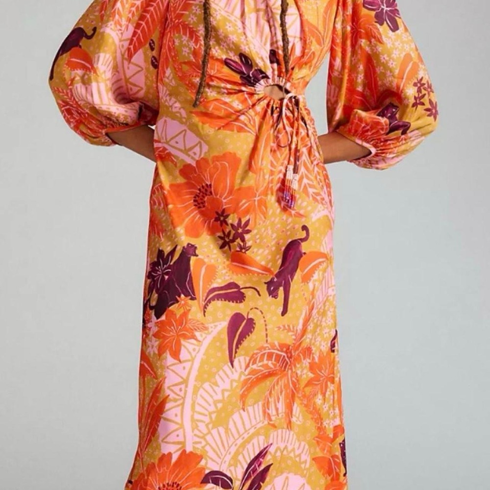 Farm Rio Puff-Sleeve Cutout Slip Dress NWOT